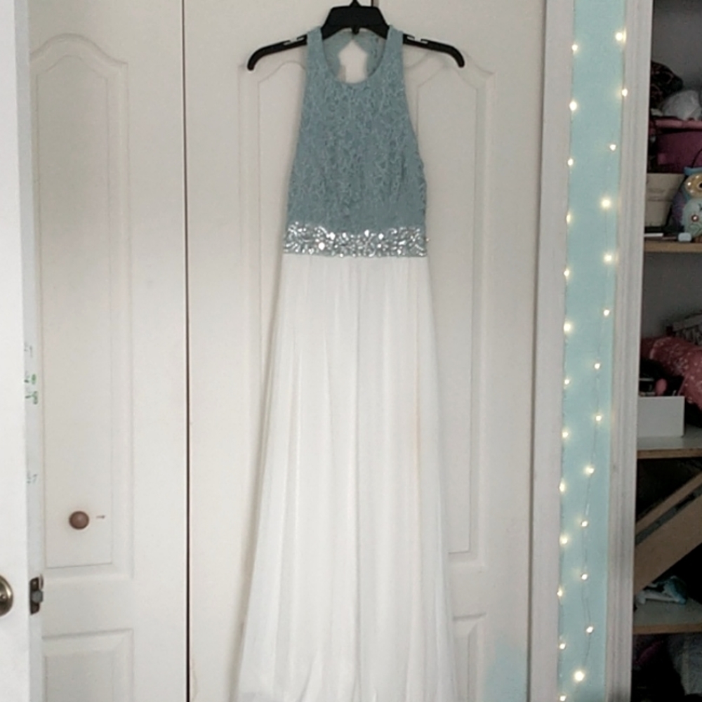 Formal dress, maxi, turquoise and white
